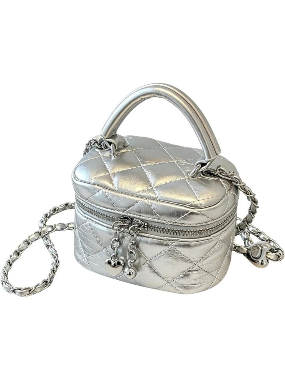 Chic Silver Quilted Mini Crossbody Bag with Chain Strap & Heart Charm - Evening